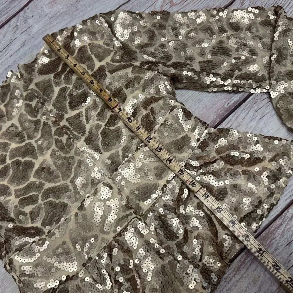 Anthropologie Hutch Champagne Gold Sequin Puff Sleeve Peplum Blouse Size M